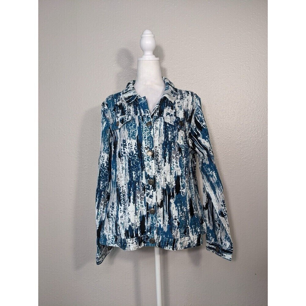 Christopher & Banks Women Denim Jacket Multicolor Sz L Button Pocket Cotton A10